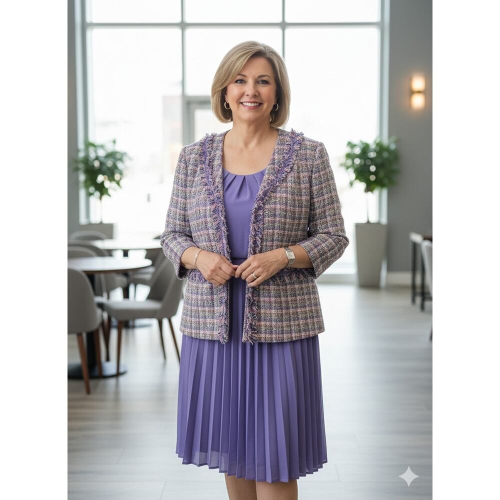 Allison Woods Purple Plaid Tweed‎ Fringe 2-Piece Jacket & Dress Set Womans 30W